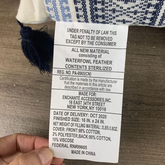 Lumbar Throw Pillow White Blue Boho Waterfowl Feather Striped Tasseled 16" x 24" - Picture 6 of 12